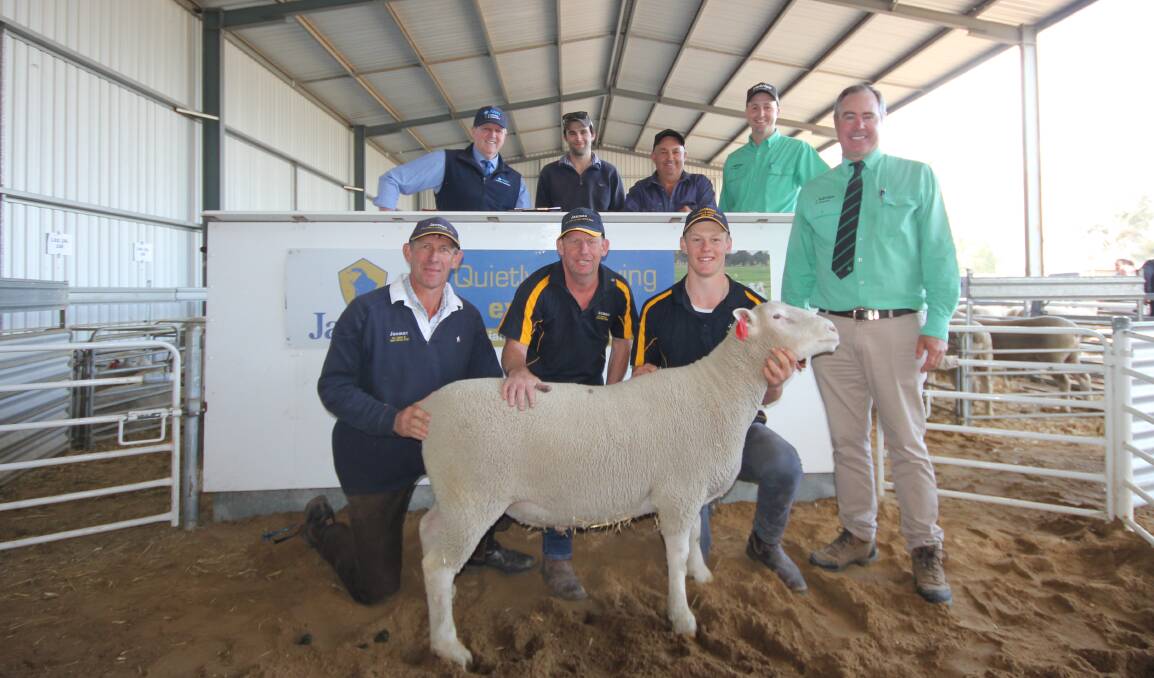 (top) David Hanel, AWN Edenhope, Lachie and Craig Jones, Braemer, Lochaber, SA, Nick Heffenenn, Nutrien stud stock, (bottom) Grant, Bryce and Carl Hausler, Janmac Poll Dorset and White Suffolk stud, Goroke, Richie Miller, Nutrien stud stock, with
top priced ram, Lot 8. Picture by Holly McGuinness