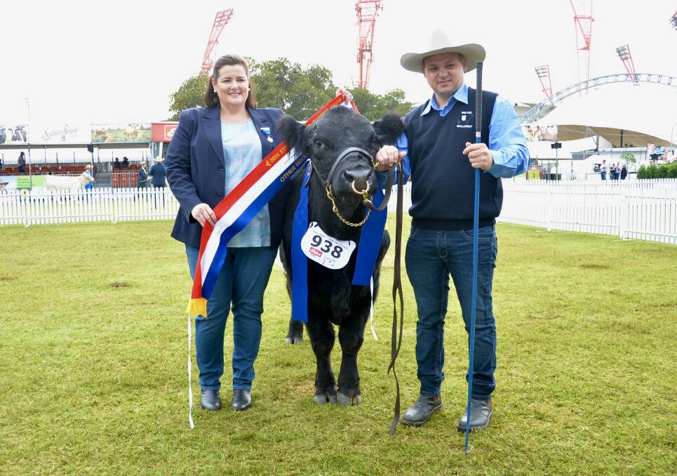 Judge Hayley Robinson, Aubigny, Qld, with Andrew Monaghan of Jandrew Belted Galloways, Stuart Town.