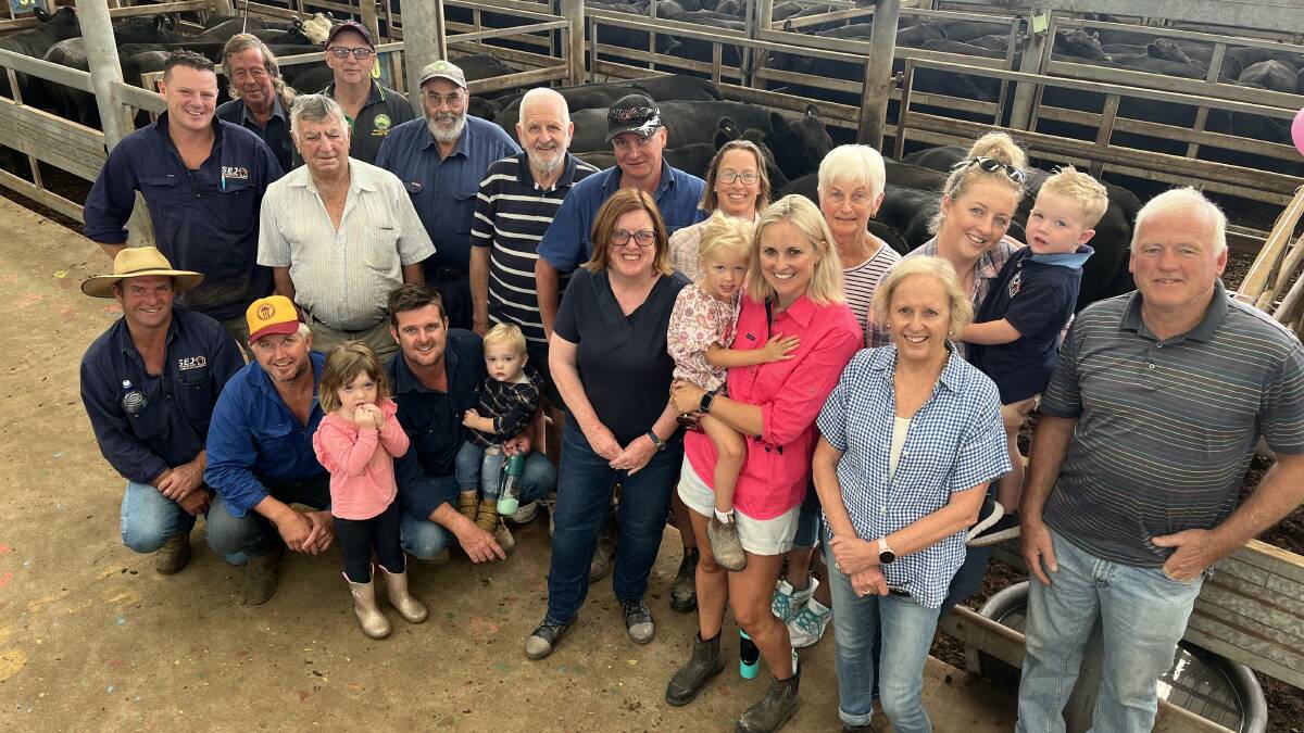 Farmers, agents and supporters of the McGrath Foundation fundraiser run by the OMK Cricket Club which sold 39 steers for breast cancer research at the Leongatha sale. Picture by Bryce Eishold.