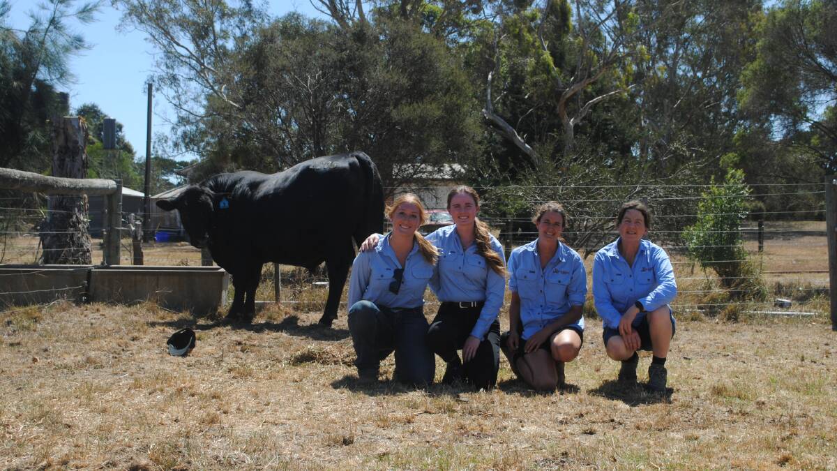 Barwidgee Angus stud principal Wendy Kelly, Caramut with her daughter Lizzie, farm manager Chantel Bambridge, Hexham and farm hand Grace Mawson, Caramut and the sale's top-priced bull. Picture by Barry Murphy