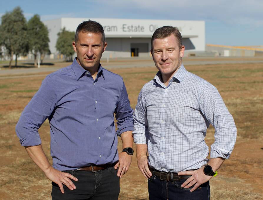 Cobram Estate joint chief executive officers Leandro Ravetti and Sam Beaton at the company's new processing plant in Boort. Picture supplied