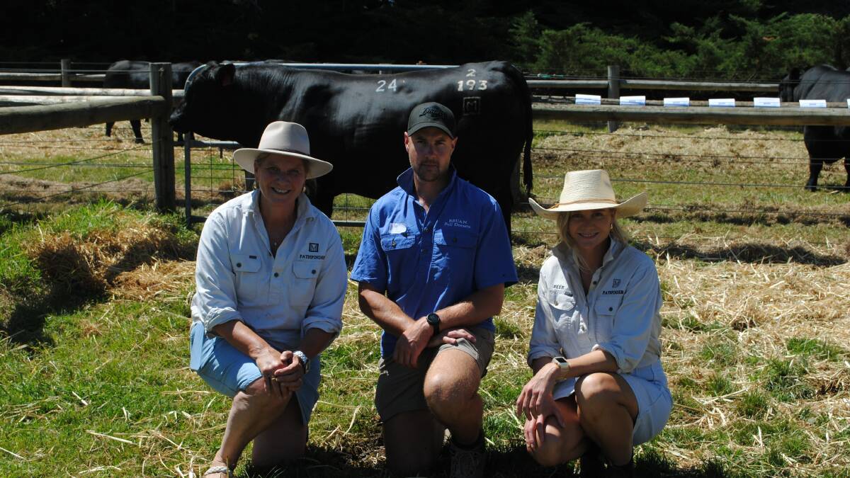 Condah beef farmer Robert Gordon with Sara and Elle Moyle, Pathfinder Angus, Gazette. Picture by Barry Murphy