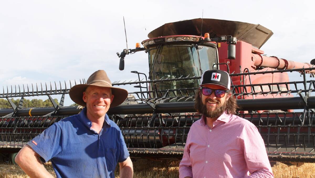 WINNING COMBINATION: Farmer, Jack Gall and Case IH general manager, Pete McCann with the Case IH Draper Head 3152 fitted on an Axial Flow 8240