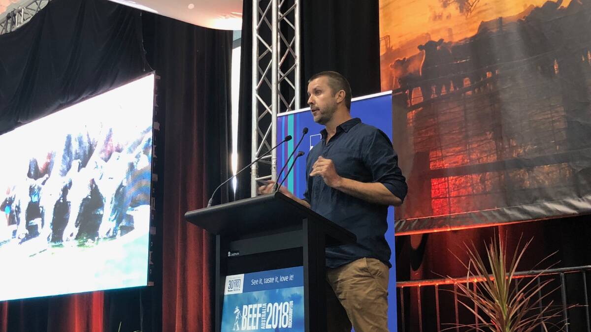 CONNECTED PUMPS: Watersave team member Darryl Lyons pitches to a packed crowd at Pitch in the Paddock, Beef 2018.