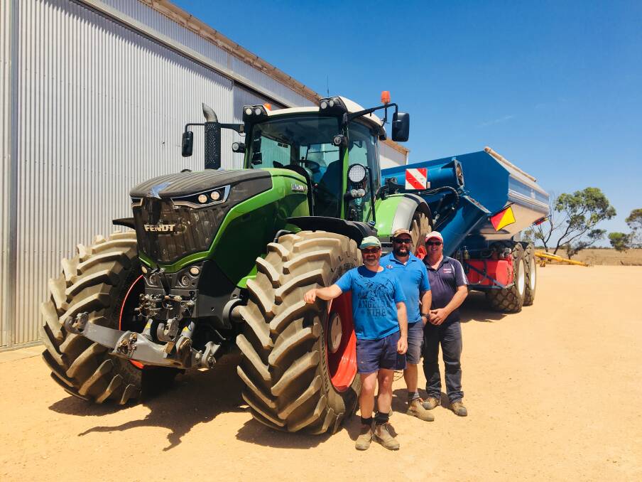 POWERED UP: A year after purchase, Anthony Verner, Richard Verner and Kris McCracken of G and J East machinery Kadina, are happy with their Fendt Vario 1000.
