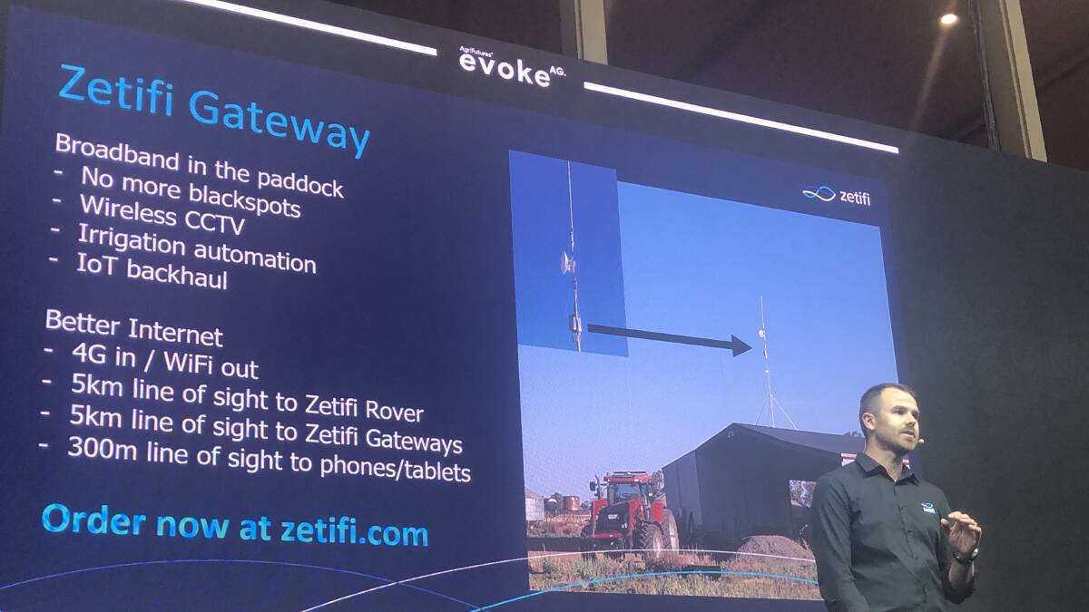 PITCH: Zetifi Gateway founder and CEO Dan Winson pitches his company's proprietary communications solution at the EvokeAg conference in Melbourne. 