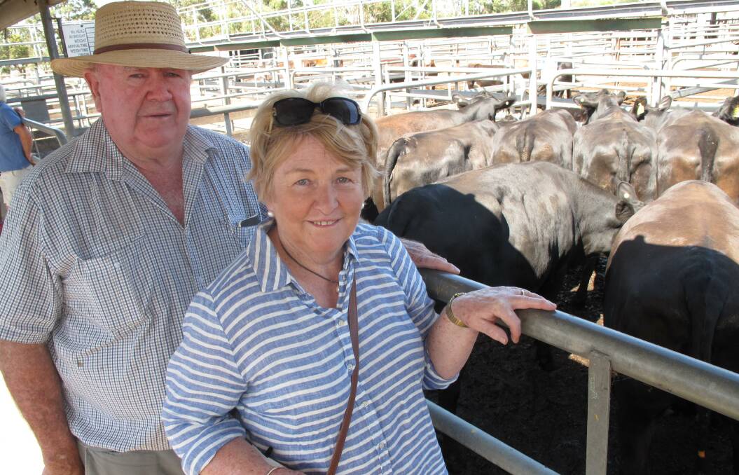 Happy: Graham and Merilyn Sutherland of Warrion near Colac were pleased not only with the $2000 a head they got for two pens of Angus Friesian cross heifers but also with the $1922 a head average for the 108 cattle they offered.  