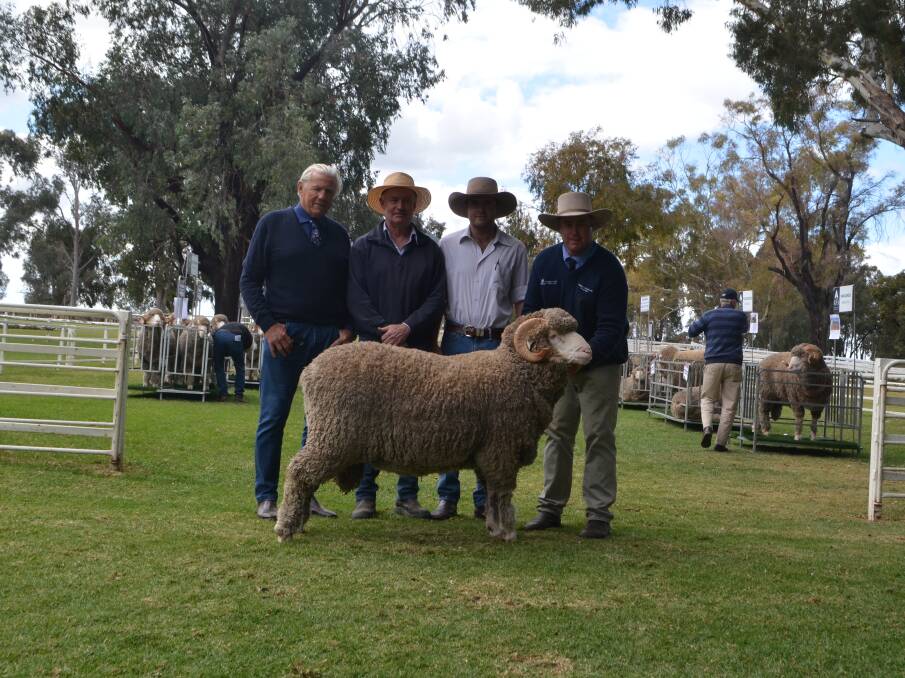 Colin Bell, Australian Food and Agriculture, "Boonoke", Conargo, John and James Graham, "Boonongo", Morundah and the $16,000 Wanganella ram they purchased held by Angus Munro, Wanganella stud manager.