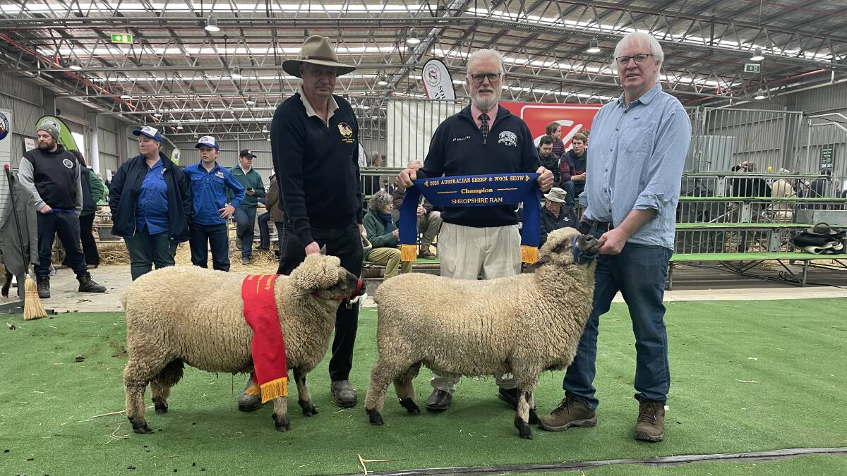 David Pickles, with the reserve grand champion Shropshire ram, judge Gavin Wall, and Phil Pickles with the garnd champion Shropshire ram.