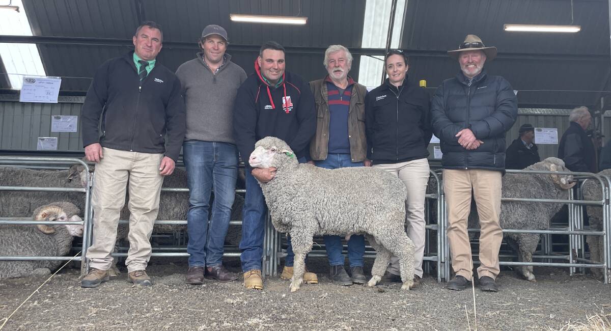 Tim Woodham, Andrew Harvey, Greg Alcock, Kevin Harvey, Sam Platts and Ben Litchfield, with the top-priced ram at Greenland, Bungarby.