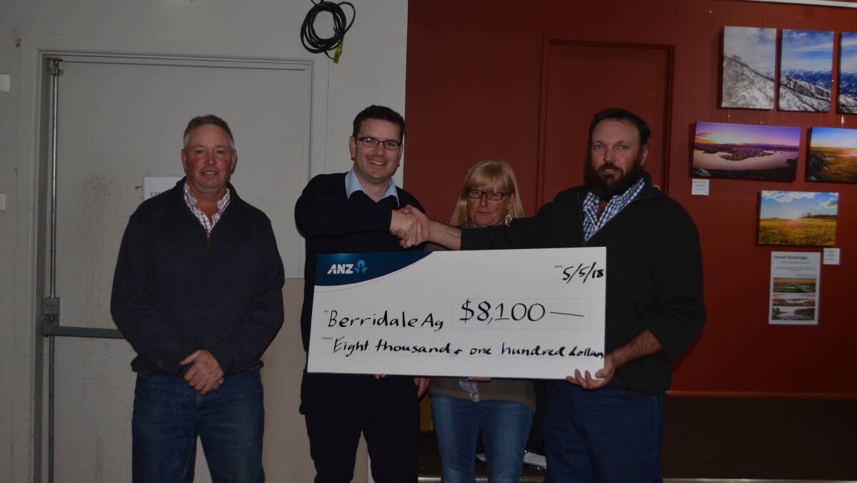 Andrew Treweeke – Agribusiness Manager, ANZ Rural Business Banking – Agribusiness, Goulburn (second from left) presenting Berridale Agricultural Bureau members Lawrence Clifford, Liz Walters and Tim Jardine with sponsorship cheque.