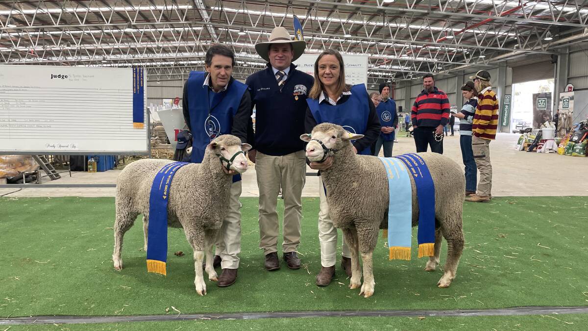 Judge Malcolm Starritt (centre) with the sashed Prime SAMM champions - Michael Gale and his partner Carolyn Perkins, Galaxy Park, Tintinara, SA, presenting the ewe and ram.