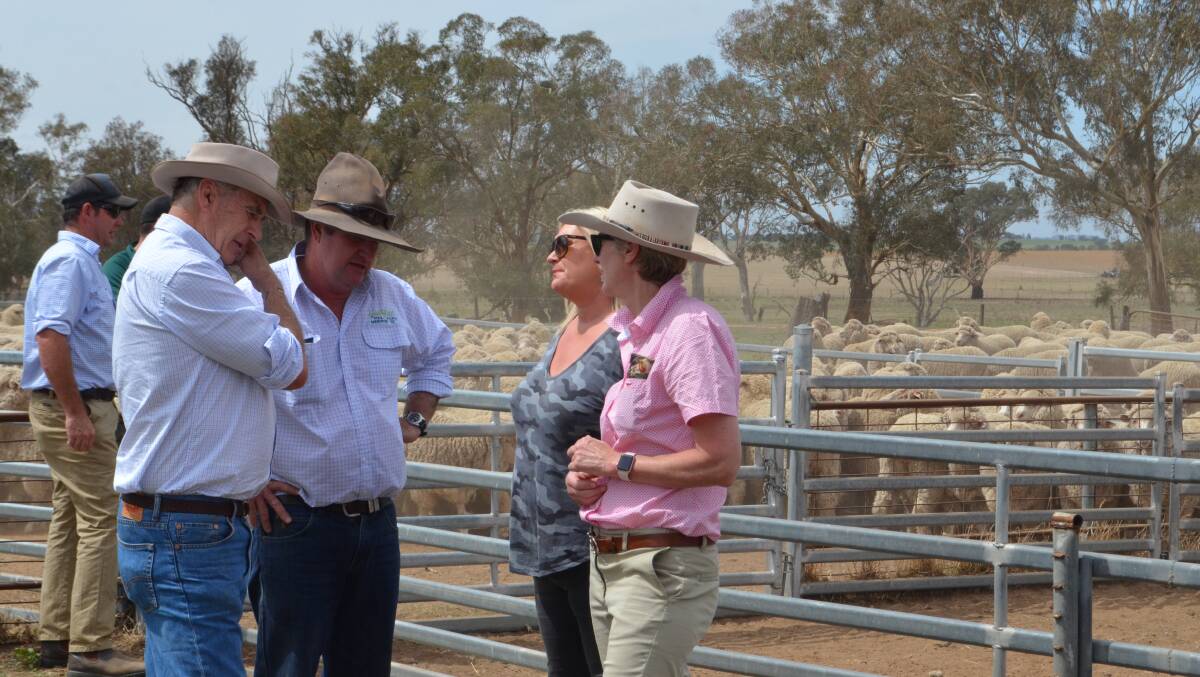 AWI sheep industry specialist Stuart Hodgson discussing industry issues with Boorowa district wool grower Steve Jarvis with AWI national events manager Wendie Ridgley and AWI director Michelle Humphries.