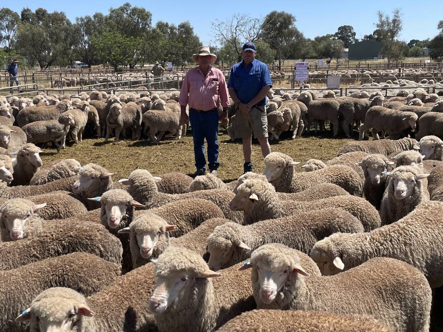 David Rankin, Elders, Jerilderie, with Andrew Browning, Ivyhome, Jerilderie, with the pen of 400 Ivyholme-bred One Oak Poll Merino wether weaners sold for $58.