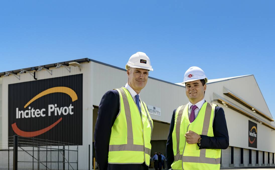 
President of Incitec Pivot Fertilisers, Jamie Crough, and  executive chairman of property development business Commercial and General, Jamie McClurg, at the official opening of the new Port Adelaide Primary Distribution Centre.
