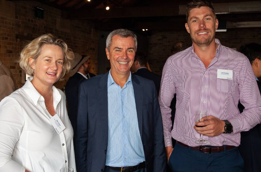 Managing director of Woolworths red meat division Greenstock, Anna Speer, Brisbane with Rabobank Australia chief executive, Peter Knoblanche and Luke Stoeckel, Bunyip Reach Pastoral, Murtho, South Australia at the Sydney lunch marking the re-start of Rabo's executive development program.