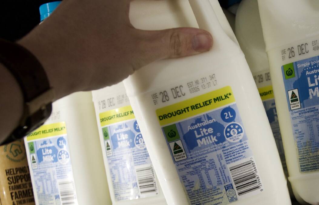 Woolworths' private label milk, rebranded as "drought relief milk" to help justify its decision to break the $1 a litre price freeze and pay farmers an extra 10 cents/l in late 2018.