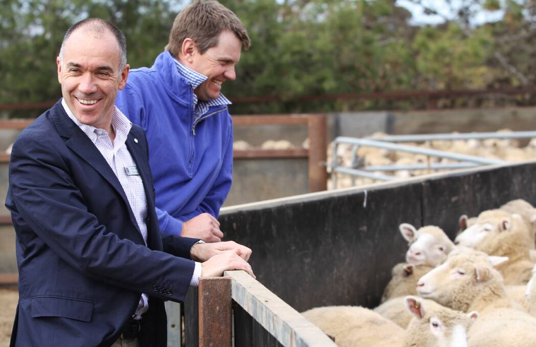 National Australia Bank managing director, Andrew Thorburn, with agribusiness customer, Ben Robilliard at "Lauriston Park", Old Junee.