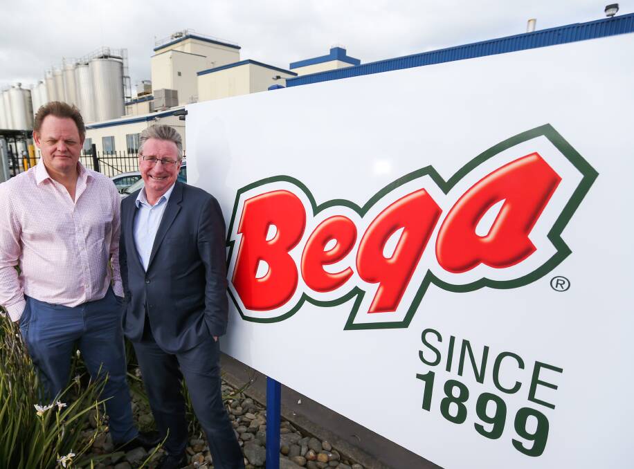 Bega Cheese chief executive officer, Paul van Heerwaarden, and executive chairman, Barry Irvin, at Bega's Koroit factory, soon to be the site for a new lactoferrin processing plant.