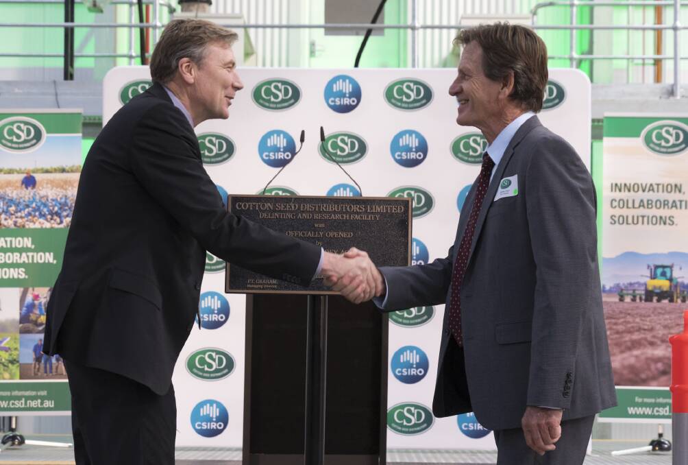 CSIRO chairman, David Thodey, and Cotton Seed Distributors chairman, James Kahl, offically open CSD's high-tech processing and storage facility at Wee Waa. 