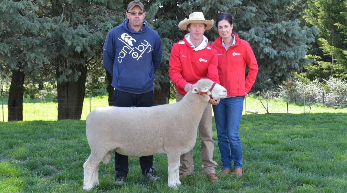 David Artery, Springburn Poll Dorsets, Oberon with his $18,000 second top price purchased and James and Melinda Gilmore, Tattykeel, Black Springs. 