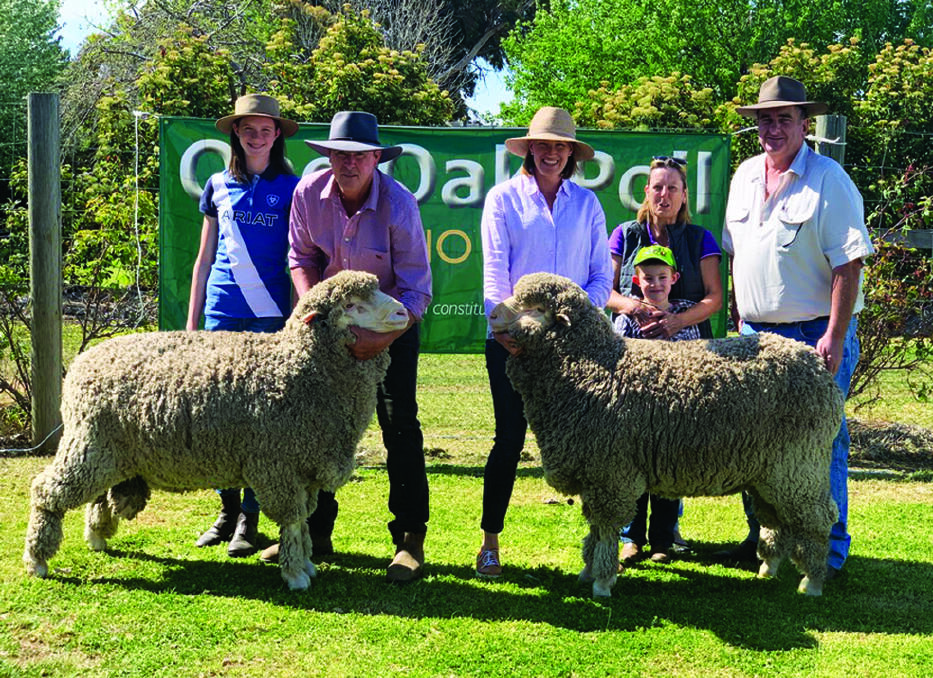Two of the three $6000 One Oak Poll sale-toppers with Amelia, Alistair and Natasha Wells, David and Rosie Kennett, Jerilderie, and Helen and Mark Hoskinson and their grandson, Fernleigh, Kikoira. Picture: supplied