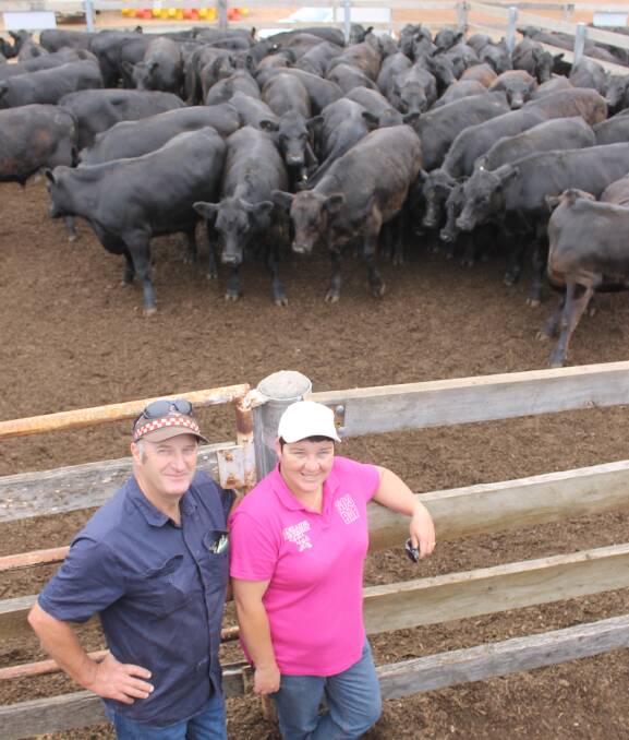 Kelvin and Julie Bateman, Baroona, at Landmark Casterton's sale. Their top pen of 64 calves weighed 392kg, 32kg above last year's top pen, and sold for 370c/kg.