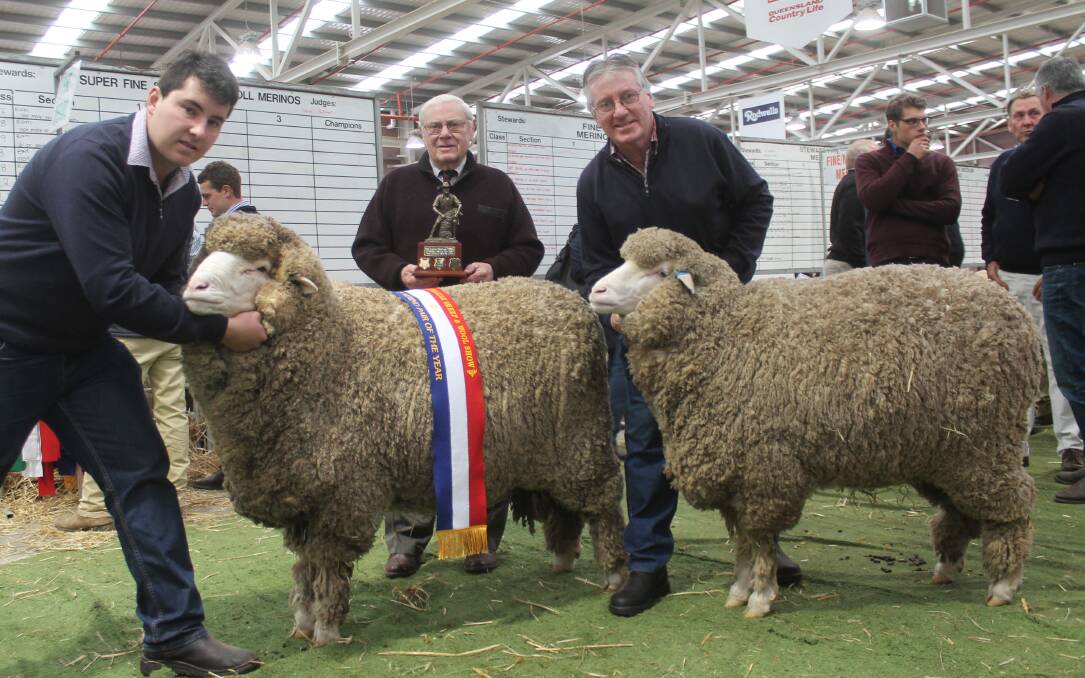 Three generations, Jack, Rodney and Warren McRae with the Oakbank stud's winning Victorian Merino Pair. The ram of this pair won champion strong wool ram.