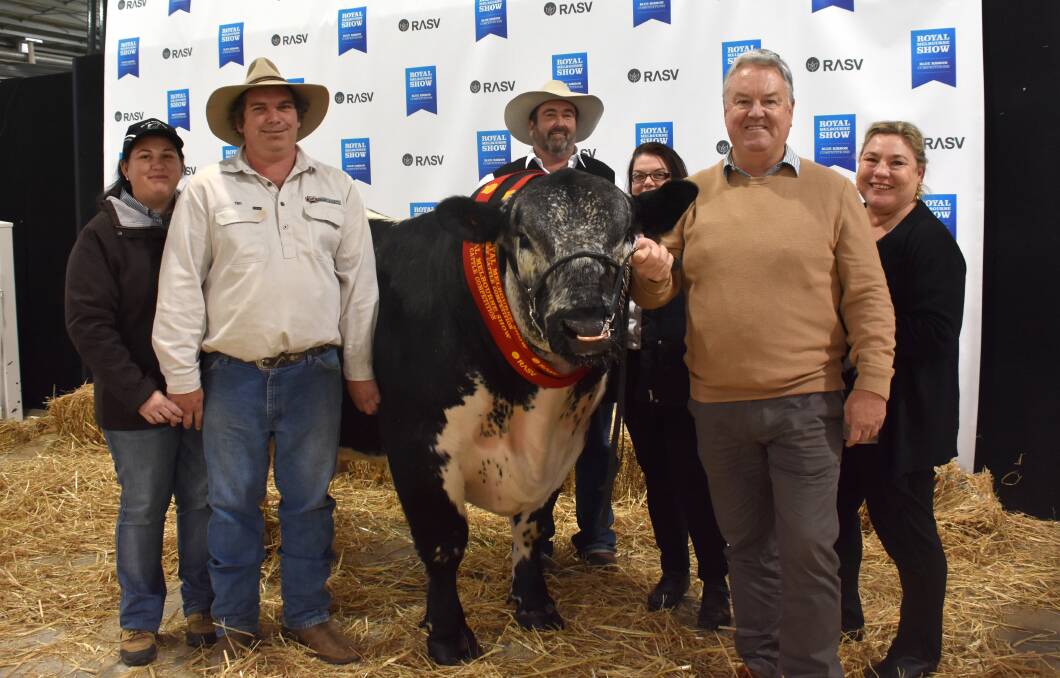 (from left) Vendors Kirsten and Tim Bell and Greg and Svetlana Ebbeck, Six Star stud, with buyers of the top-priced bull Peter and Debbie Colley, Greenhaven Pastoral Company. Photo by Nathan O'Sullivan