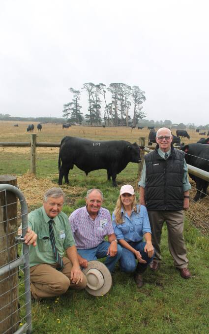 Top: Landmark's Andrew Sloan (left), long term client Murray Howard, Beeac, Pathfinder's Elle Moyle and Landmark's Kevin Norris, with the top priced bull.