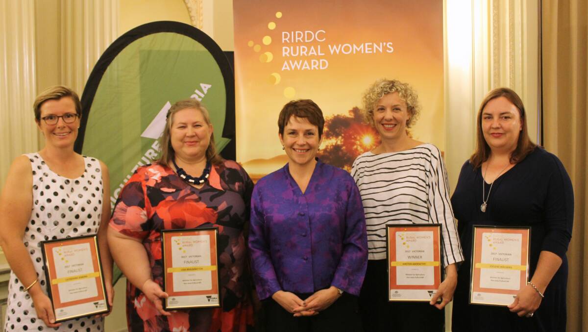 Rural leaders: Agriculture Minister Jaala Pulford (centre), with the finalists Cath Jenkins, South Purrumbete; Lisa Brassington, Frankston South; winner Kristen Abernethy, West Melbourne; and Joelene Williams, Lake Boga.