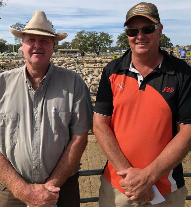 DEARER TREND: David Weidner from BUR with Lyle Burns "Yaralla" Burrumbuttock, who sold 1200 lambs at Corowa to a top of $190.