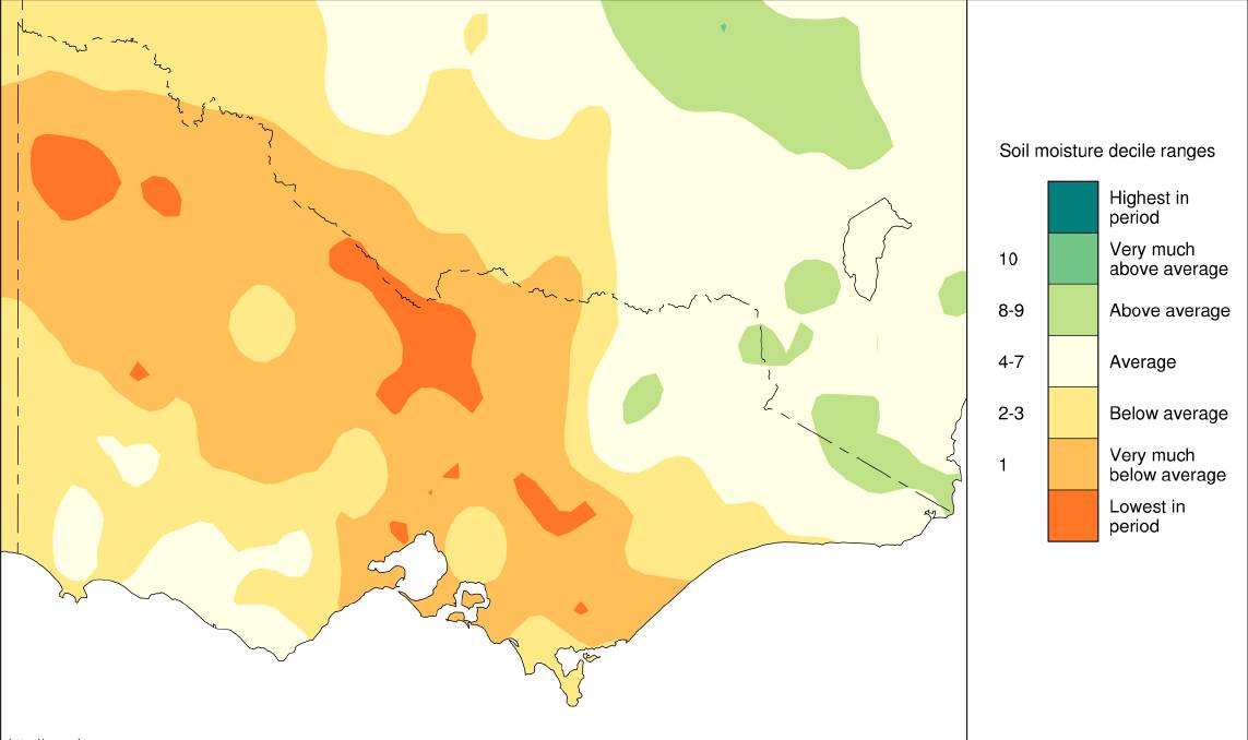 This map shows the April-to-date root-zone soil moisture for Victoria and southern NSW.