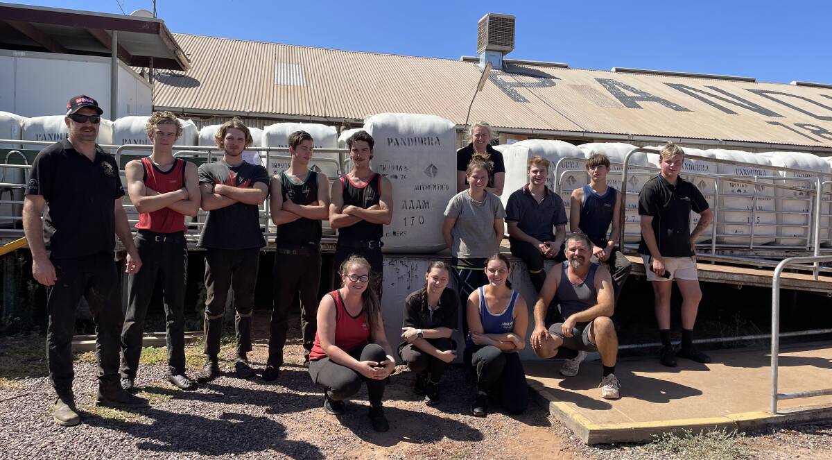 Trainer Rick Chilcott, participants Tait Johnson, Bonner Buckley, Alistar Neumann, Max Reeves, Cody Pearce, Tracey Lynch, Dylan Morton, Lachlan Hammet, Zak Pearce and at front trainer Sarah Brands, Mykayla Buckmister, Caitlyn Francis and Tim Pawshe at the 2023 improver school at Pandurra Station via Port Augusta. It is the 50th year that the Nutt family has hosted a shearing school at the station. Picture supplied