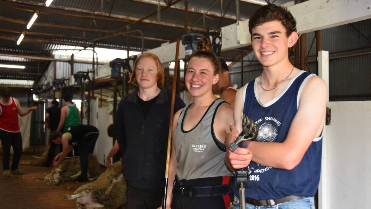 Austin Nettle, Clay Wells; Tori Mueller, Southend and Henry Boord, Naracoorte, were among the participants at the learner shearer and wool handler training school at Furner.