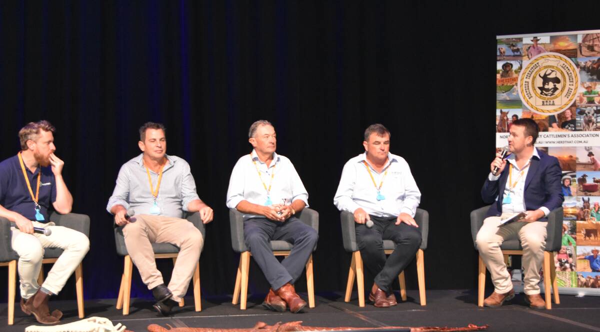 Live exporters Tom Slaughter and Patrick Underwood discuss high cattle prices during a session on supply chains at the NTCA conference in Darwin. With them is David Bondield, Palgrove in Queensland, Ben Dwyer, from Harvest Road in WA and MC Matt Brann.