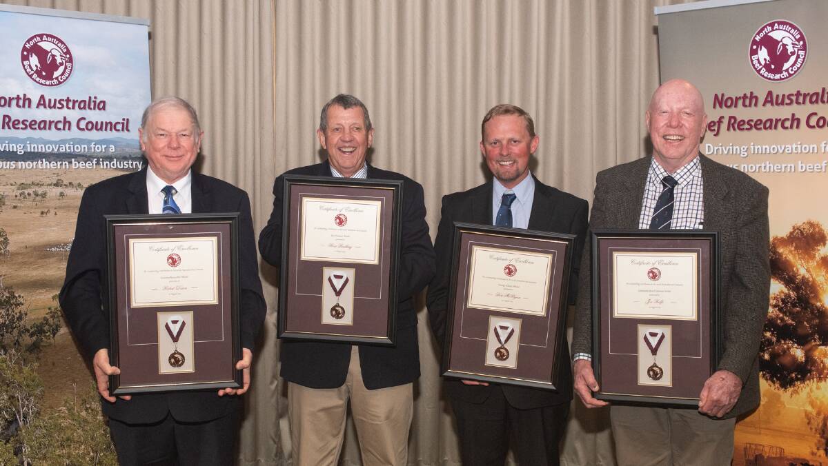 INNOVATORS: 2019 North Australia Beef Research Council medal winners, from left, Rob Dixon, Ross Peatling, Ben McGlynn and Joe Rolfe.