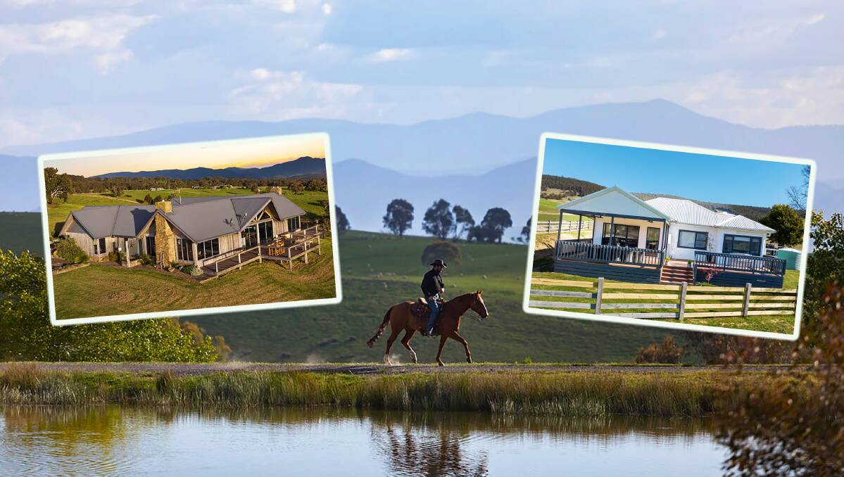 The Merrijig ranch-style home on the left has claimed Yellowstone-style billing, while the Omeo home on the right doesn't have the famous rock construction, it is an authentic high country cattle property.