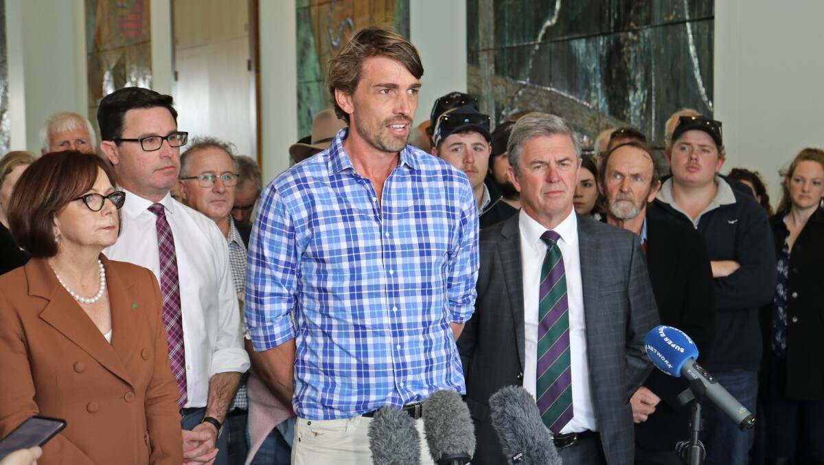 Charlton farmer Glenden Watts spoke at a power line protest in Canberra on Tuesday. Picture supplied