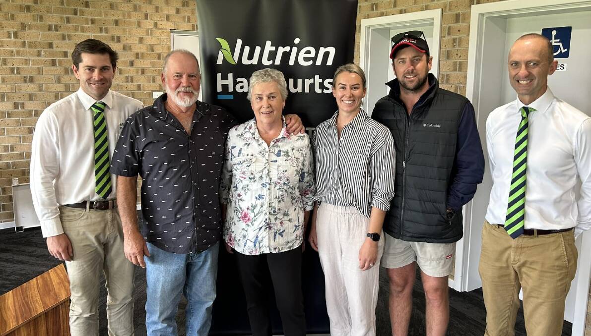 Pictured (from left) Troy Goldsworthy from Nutrien Harcourts, happy sellers Tony and Anne Longbottom and buyers of lots one and two, Jamie and Felicity Kemp with SA/NT Nutrien Harcourts manager/auctioneer Andy Edwards. Pictures from Nutrien Harcourts