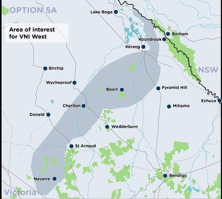 The proposed route of the VNI West's preferred Option Five from near Stawell to Kerang. Map from AEMO