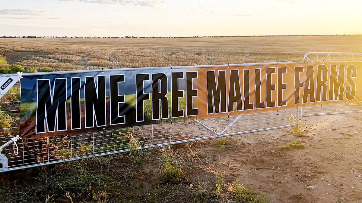 Protest signs have appeared on Cannie Ridge farms. Picture: Mine Free Mallee Farms Inc.