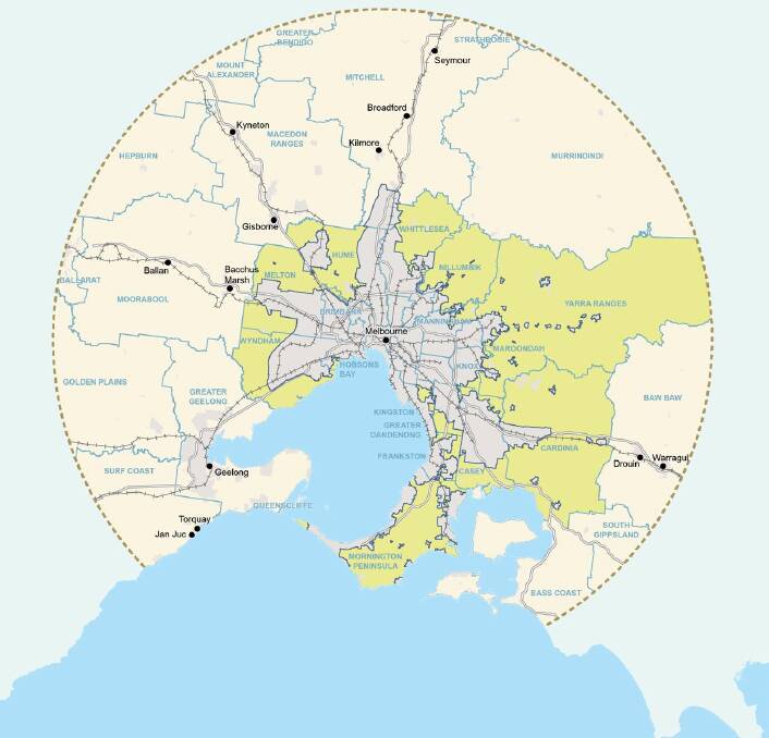 FROM ABOVE: A much wider ring around Melbourne will captures hundreds more farmers under proposed new planning controls. Map by the Victorian government.