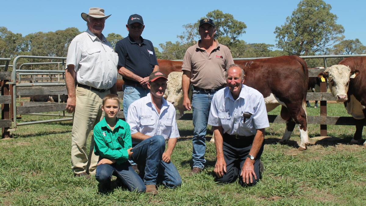 Buyer of Lot 7 Peter Guthrie, Cavendish, SAL agent Deam Hampel, who accompanied Ken Atiken, Kongorong, buyer of Lot 12, and Melville's Kaidyn and Nathan Roberts and David Lyons.