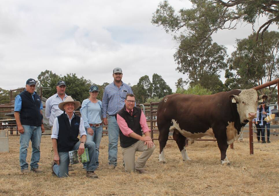TOP PRICE: Yarram Park's Antony Baillieu, Michael Peterson and Jeremy Upton (front) with top-price (Lot 6) purchasers Kelly Walsh and Cameron Hollis, Lotus Herefords, Glen Innes, NSW, and Elders auctioneer Ross Milne. 