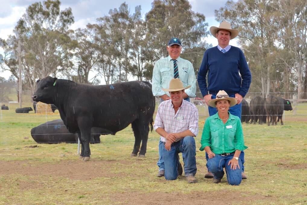 Settling agent, Miles Archdale, Landmark Boultons, Walcha and auctioneer, Paul Dooley, Tamworth congratulate princapals of Ben Nevis Angus Stud, Stu and Erica Halliday on their new on-property sale high of $32,000 for Lot 4.