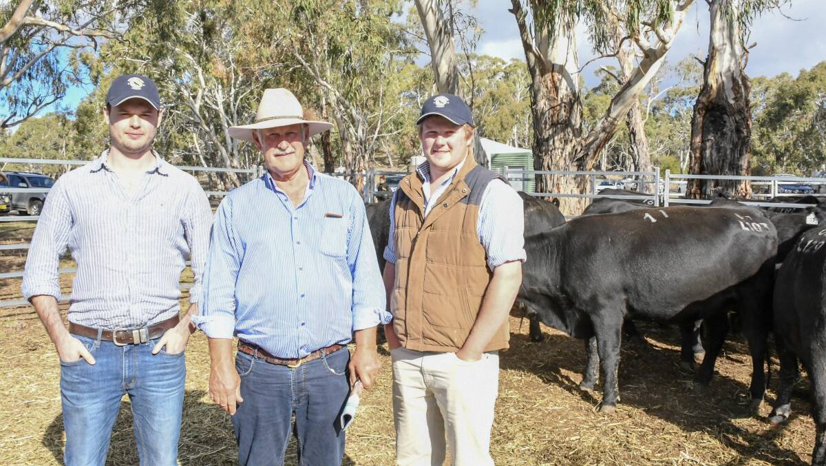Bridgewater Angus principal Roger Flower pictured with son James (left) and stud manager Charlie Sutherland (right)
