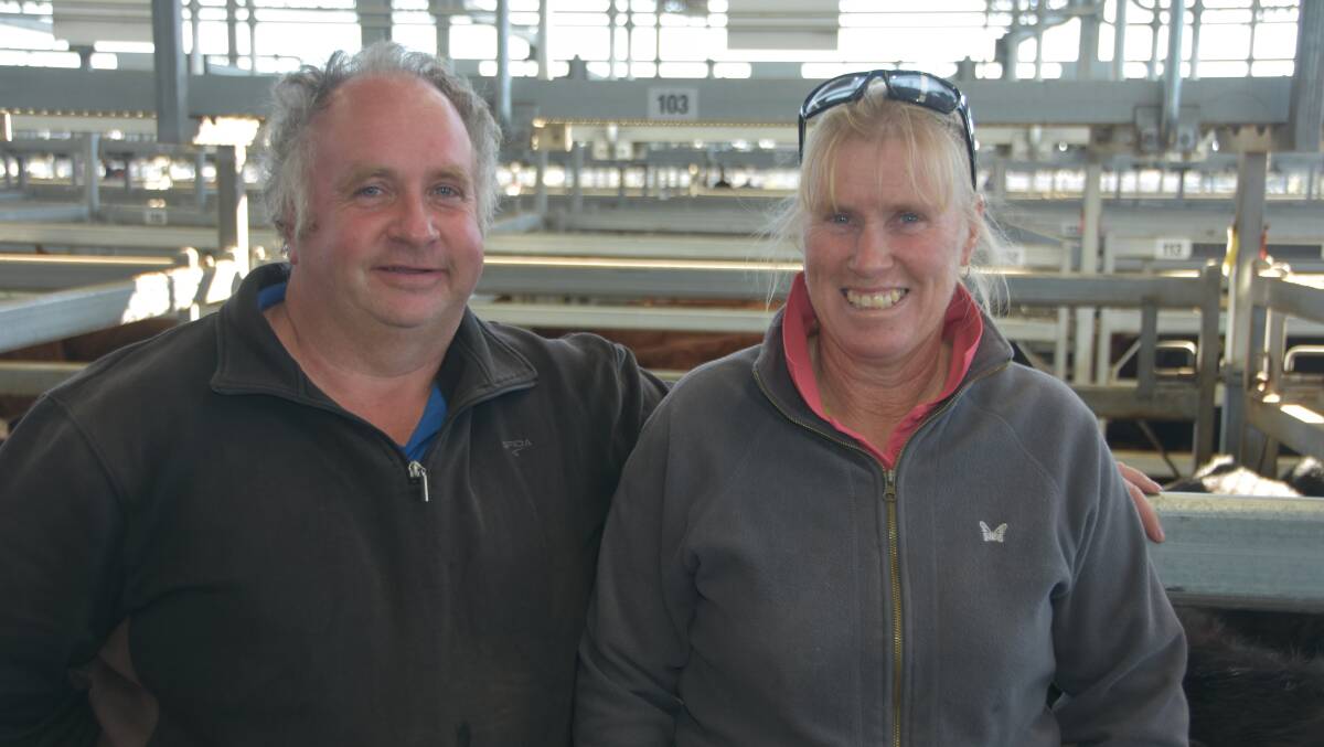 HAPPY: Greg and Trish Megson, Meredith sold a pen of five steers at $1850 on Friday. They also had another pen in and said they were pleased with the prices on offer.
