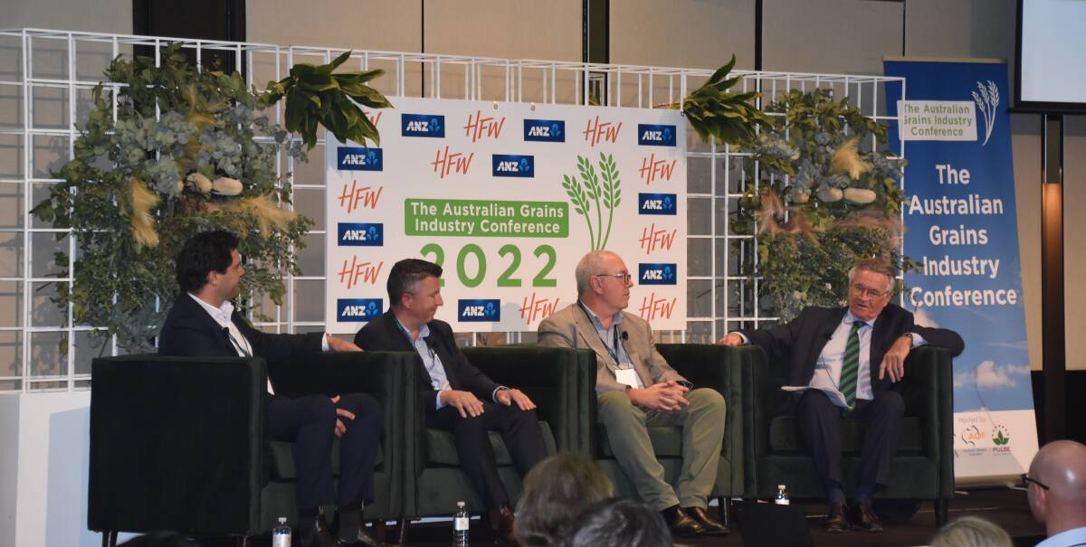 SHORTAGES: Ben Macnamara, CBH, Phil Hughes, Viterra Australia and Tony Geitz, Louis Dreyfus Australia chat with journalist Barrie Cassidy about supply chain constraints at the Australian Grains Industry Conference.