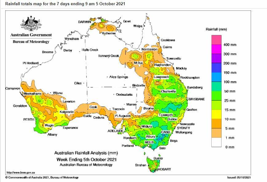 Bureau of Meteorology data shows heavy rain through much of Australia's agricultural belt in the week to Monday.